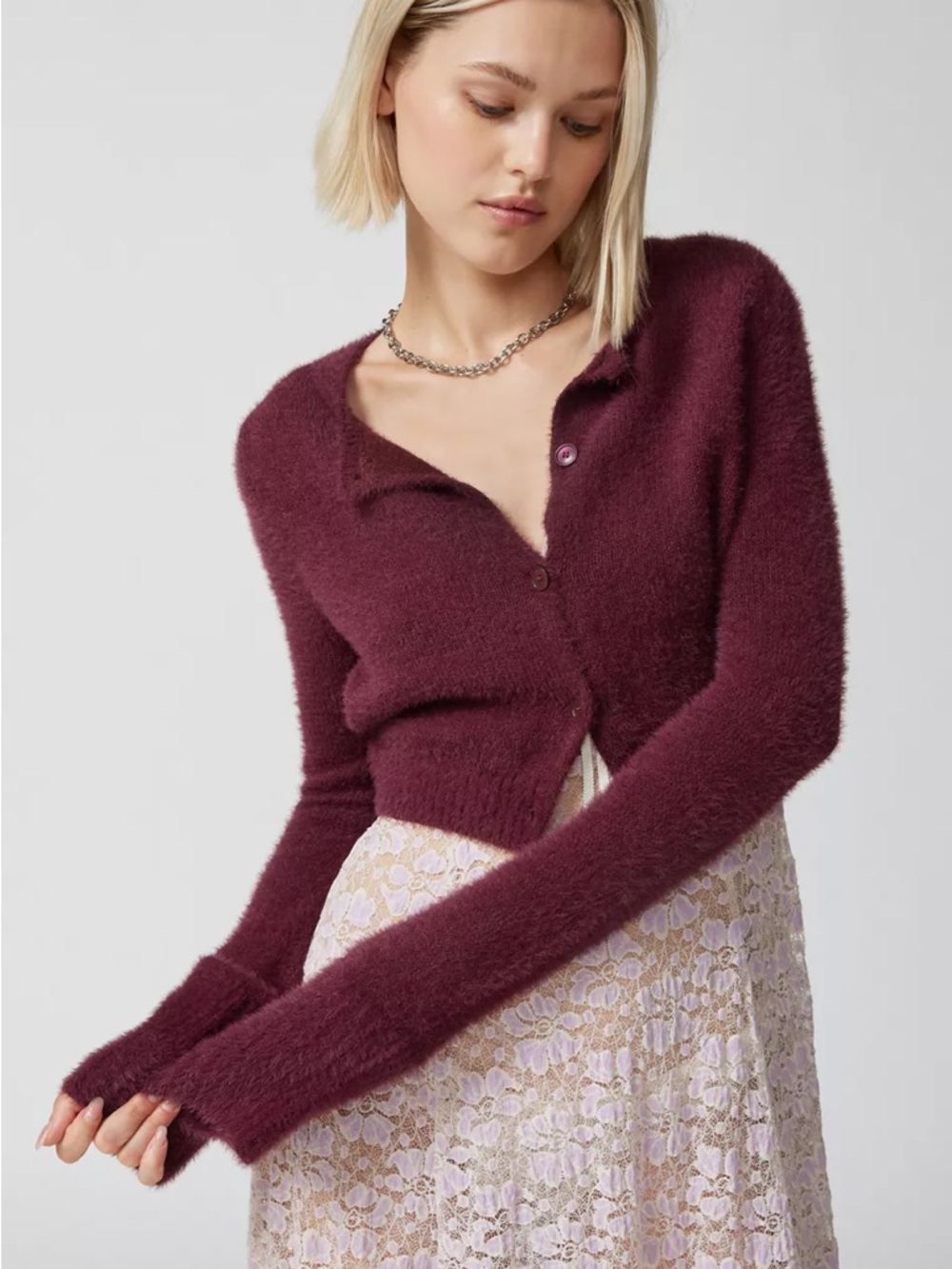 Kimchi Blue Fuzzy Wine Button-Front Cropped Cardigan